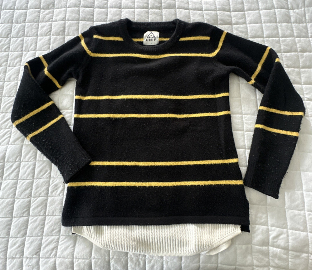 UNIF Urban Outfitters Sweater Womens Small Black Striped Layered Waffle Crewneck